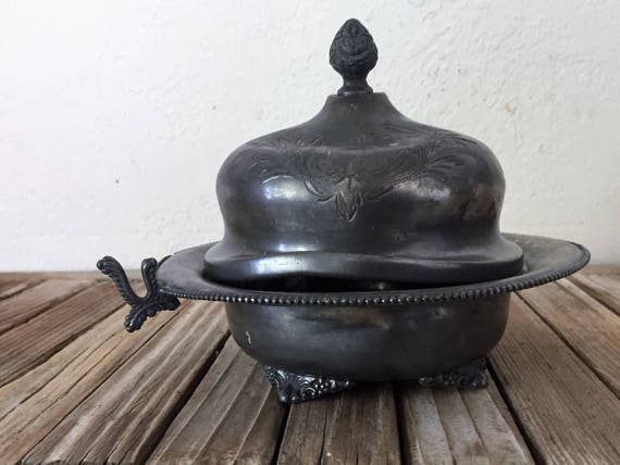 Vintage W Quadruple Plate Etched Pewter Silver Serving Dish