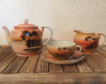 Vintage Set of Orange Japanese Teapot Creamer and Teacup and Saucer Nippon Japan