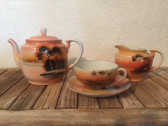 Vintage Set of Orange Japanese Teapot Creamer and Teacup and Saucer Nippon Japan
