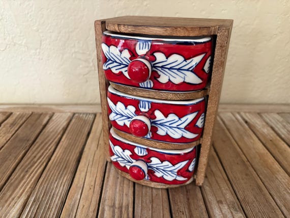 Vintage Wood with Red White and Blue Ceramic Shelf Spice Jewelry Storage
