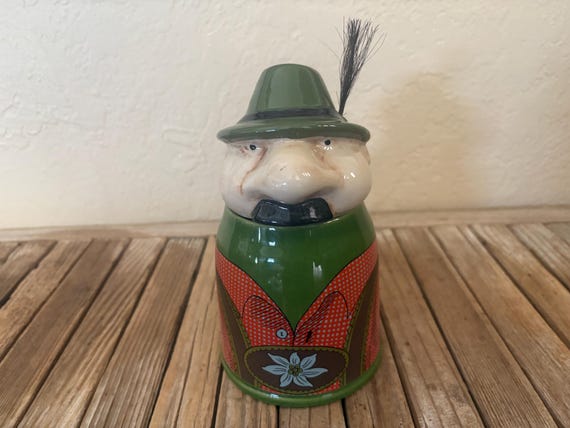 Vintage Green and Red Gerzit Gerz Mustache Man Ceramic Lidded Beer Stein Germany Pewter Handle