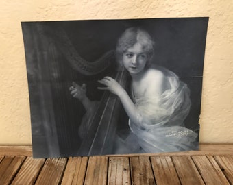 Antique Melvin H. Sykes Black and White Photograph 1911 Chicago Woman Playing Harp