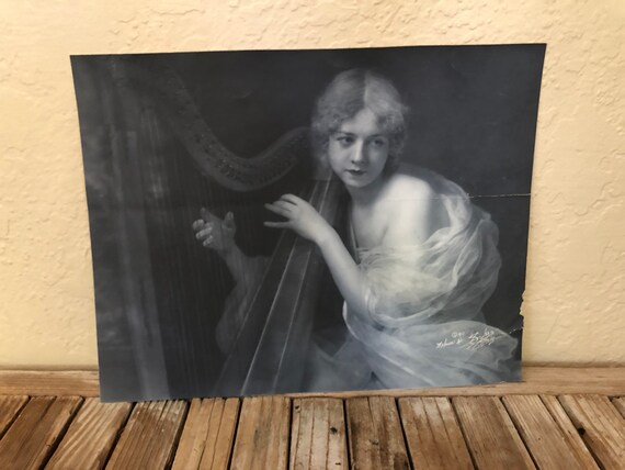 Antique Melvin H. Sykes Black and White Photograph 1911 Chicago Woman Playing Harp