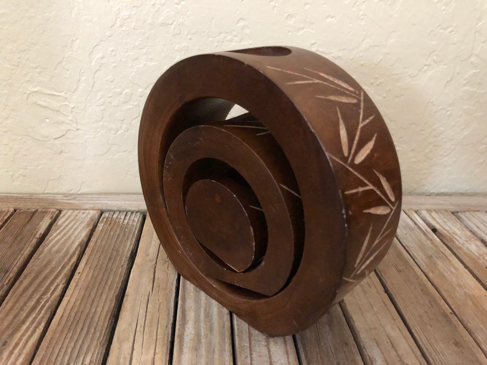 Vintage Round Nesting Mango Wood Bamboo Leaf Candle Holders Etsy