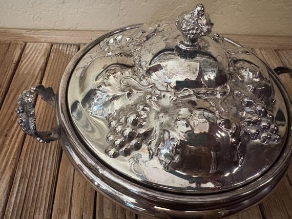 Antique Silver Plate Homan MFG Co Special Metal Casserole Tureen Server Silver Grape Serving