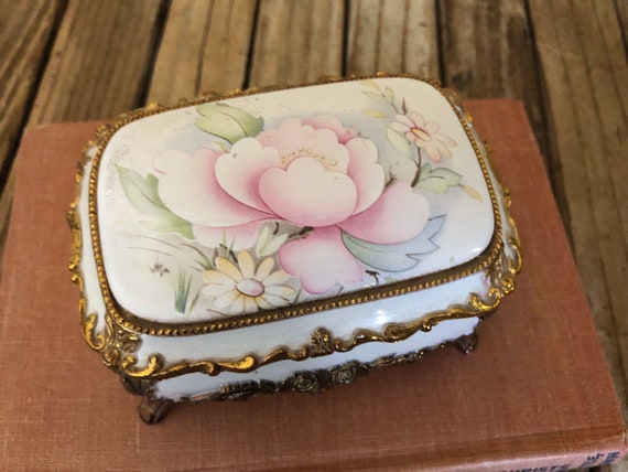 Vintage Japanese White and Brass Floral Filigree  Casket Jewelry Box