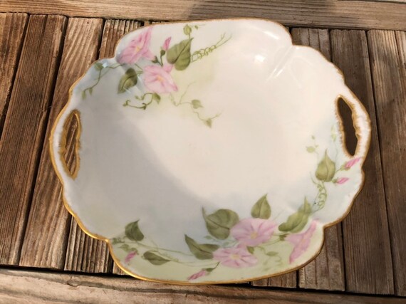 Antique Hand Painted Floral Bowl Pink Green and Gold