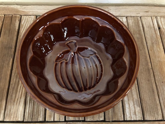 Vintage Brown Glazed Earthen Ware Pumpkin Mold Loaf Pan