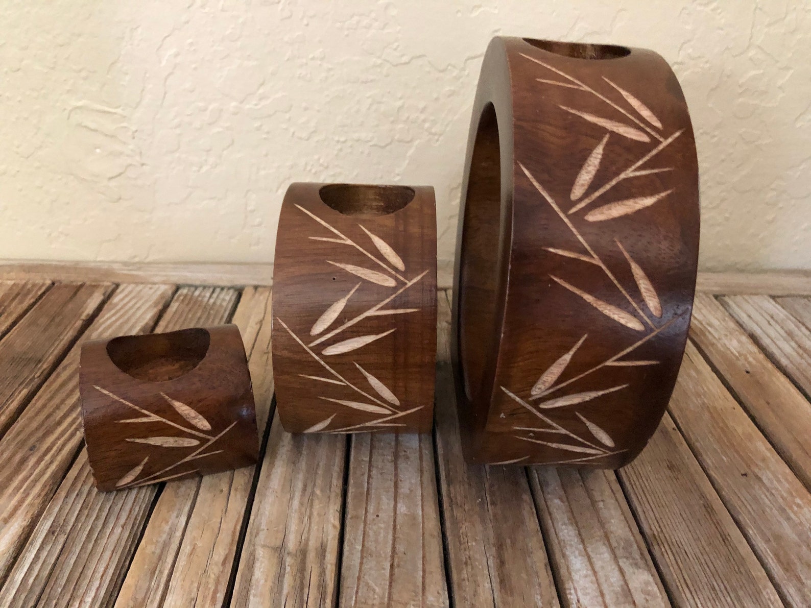 Vintage Round Nesting Mango Wood Bamboo Leaf Candle Holders Etsy