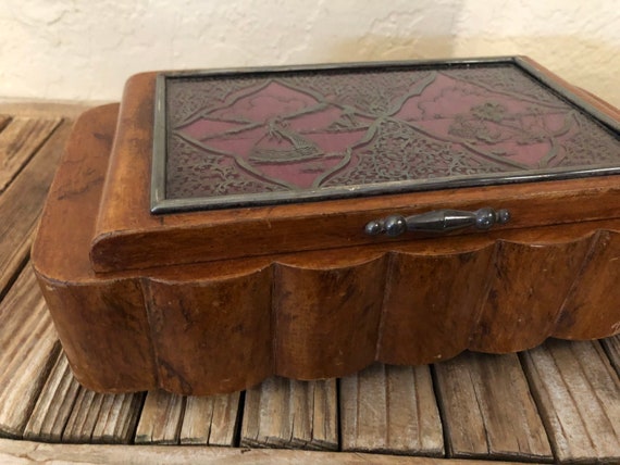 Antique Art Deco Wood and Metal Dutch Landscape Music Jewelry Box