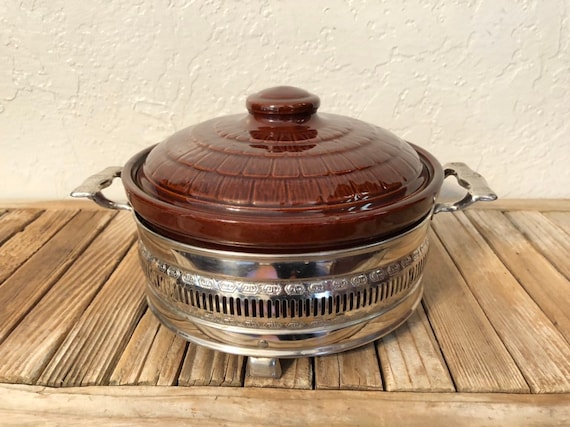 Vintage Brown Casserole Dish with Silver Metal Stand
