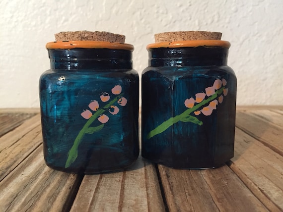 Pair of Vintage Glass and Cork Canisters Hand Painted Blue Orange and pink