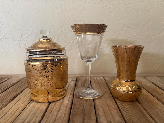 Vintage Set of Ransgil Crystal Gold Floral Overlay Gold Glass Floral Vase Canister and Wine Glass