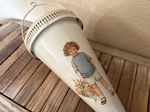 Vintage White Ivory With Child Hanging Metal Vase Bucket