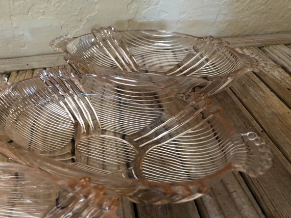 Set of 3 Depression Era Pink Pressed Scalloped Glass Side Bowls Pink Art Deco Side Dishes