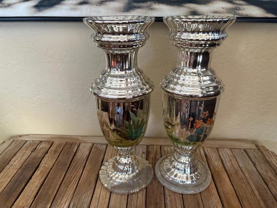 Pair of Antique Hand Painted Pheasant Bird Mercury Glass Candlestick Holders