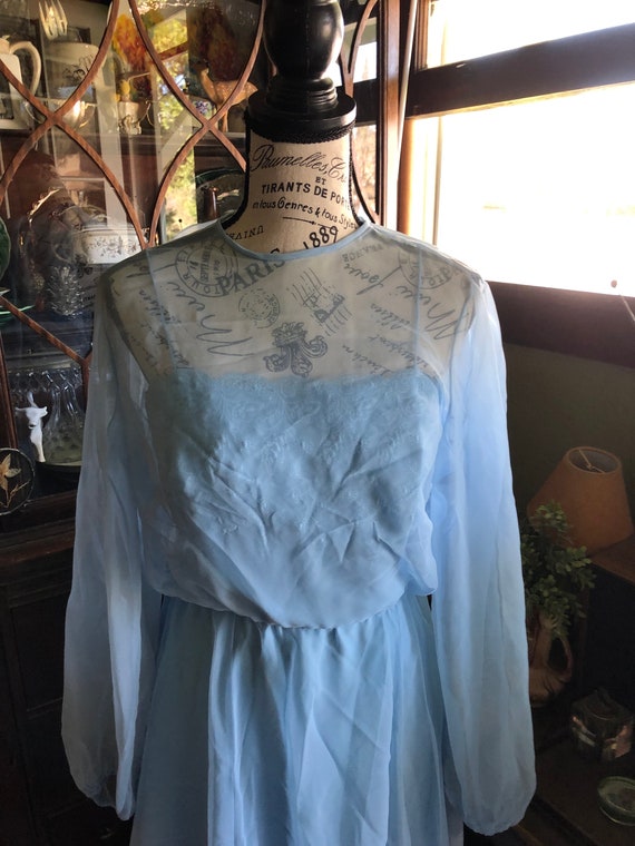 Vintage Sky Blue Miss Elliette California Fitted Embroidered Spaghetti Strap Dress With Gauzy Cover Party Dress