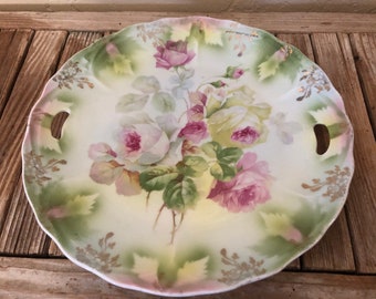 Antique Painted German Plate Floral Green and PinkShabby Roses