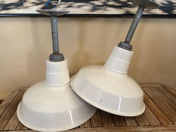 Vintage Pair of White Enamel Over Metal Factory Barn Light White Metal Industrial Farmhouse Lighting