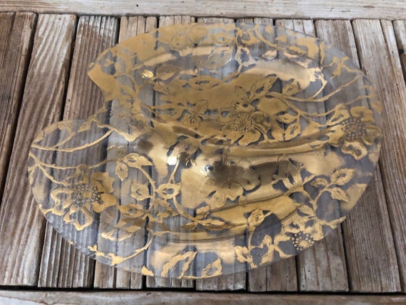 Vintage Clear with Gold Overlay Cherry Blossom Divided Tray