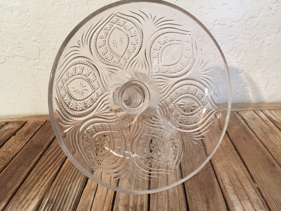 Vintage Extra Large Glass Compote Dish Etched Glass Peacock Glass