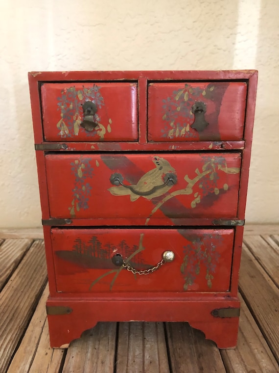 Vintage Chinese Oriental Orange Red Chinoiserie  Jewelry Cabinet Oriental Flower Birds