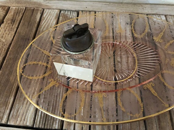 Depression Era Pink  and Gold Regency Glass Tray Art Deco Desk Pink and Gold Vanity Tray