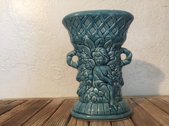 Vintage Norleans Japan Blue Cherub Vase