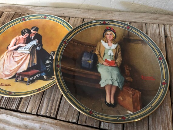 Vintage Pair of Hand Painted Norman Rockwell Rockwell's American Dream Series Couple's Commitment A Young Girl's Dream
