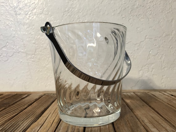 Vintage Wavy Glass Ice Bucket with Silver Handle