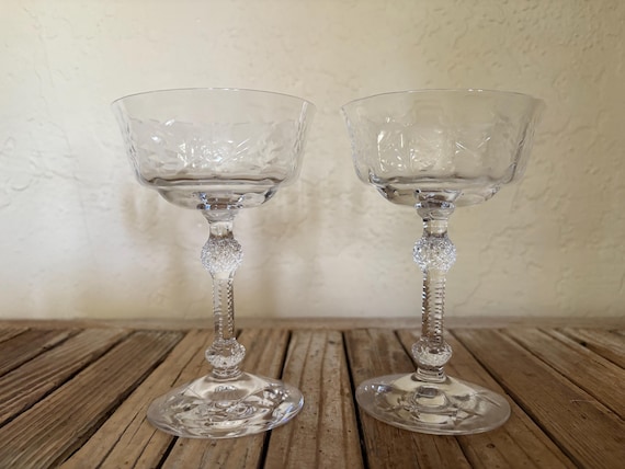 Pair of 2 Etched Floral Glass Champagne Wine Coupe Glasses