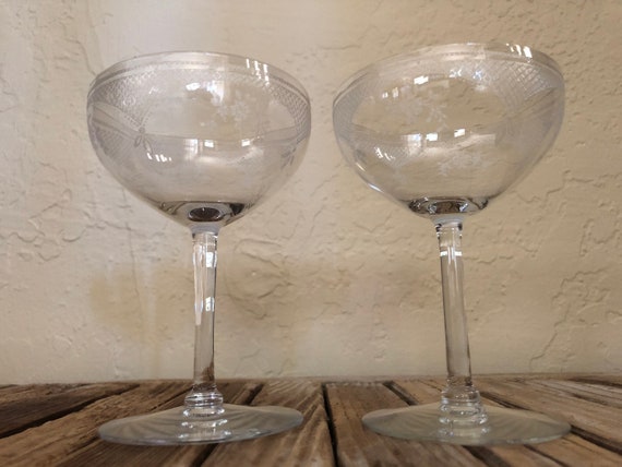 Pair of Etched Floral Empire Glass Champagne Wine Coupe Glasses