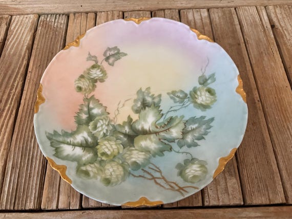 Antique Handpainted France Haviland Green Pink and Gold Floral Decorative Plate Tray