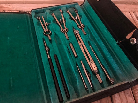 Antique Set of Compass Germany Drafting Set in Black Case With Green Fabric