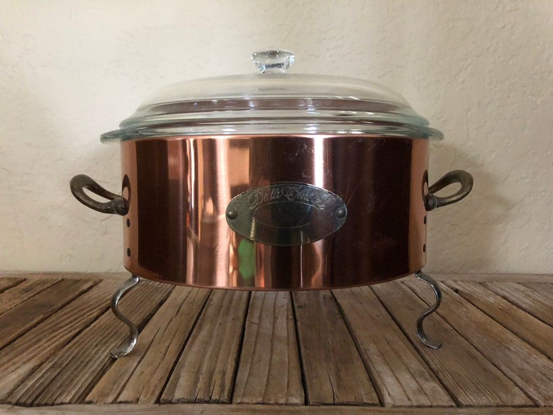 Mid Century Copper Brass Casserole Stand With Lidded 2qt Glasbake