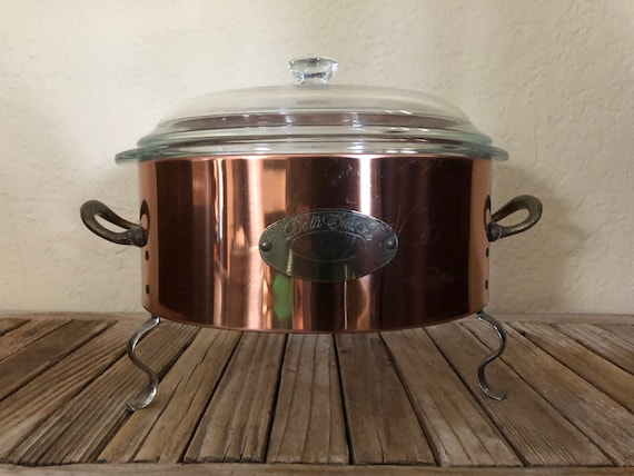 Mid Century Copper Brass Casserole Stand with Lidded 2Qt Glasbake Casserole Dish