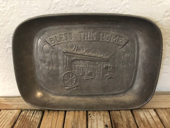 Vintage Bless This Home Pewter Tray