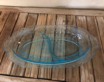 Vintage Vivid Blue Floral Glass Dish Depression Glass Tray