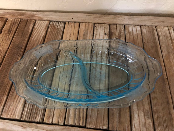 Vintage Vivid Blue Floral Glass Dish Depression Glass Tray
