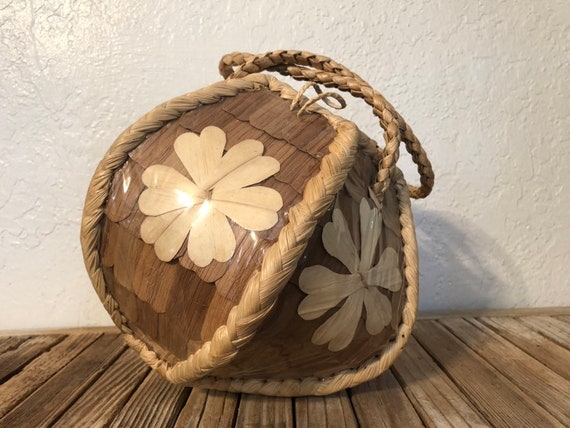 Vintage Hand Made Tote Basket Floral Bag
