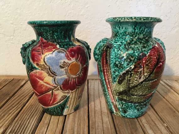 Pair of Mid Century Green Floral Italian Vases