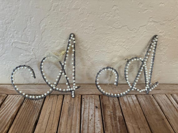 Pair of Vintage Silver Metal and White Pearl Beads Letter Calligraphy A