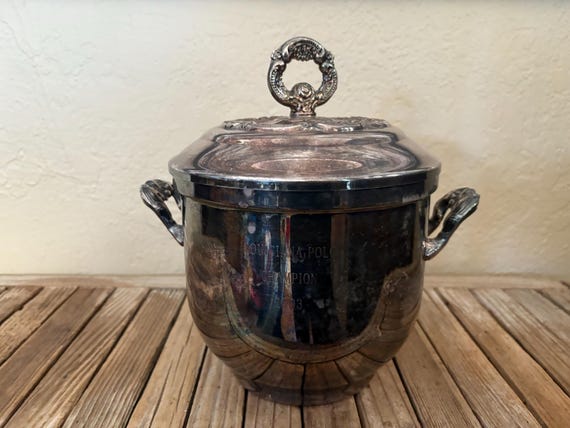 Antique Ornate Silver Oneida Glass Insulated Ice Bucket Louisiana Polo Champion Bucket 1993