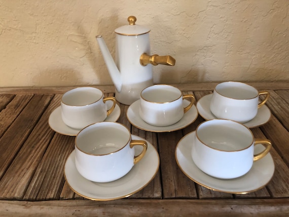 Antique Gold and White Limoges France Teapot and set of 5 Weimar Germany teacups with Saucers