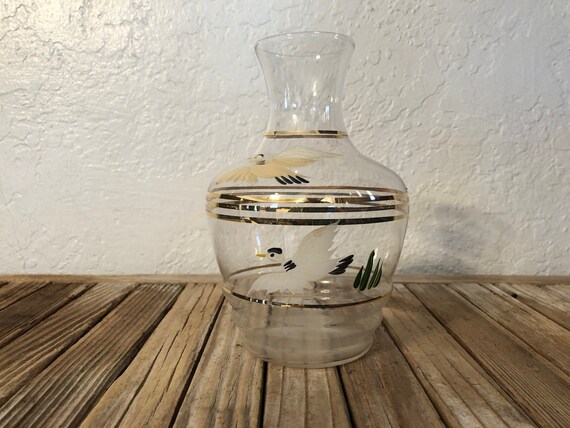 Vintage Hand Painted Mid Century Gold and Bird Vase Water Jar