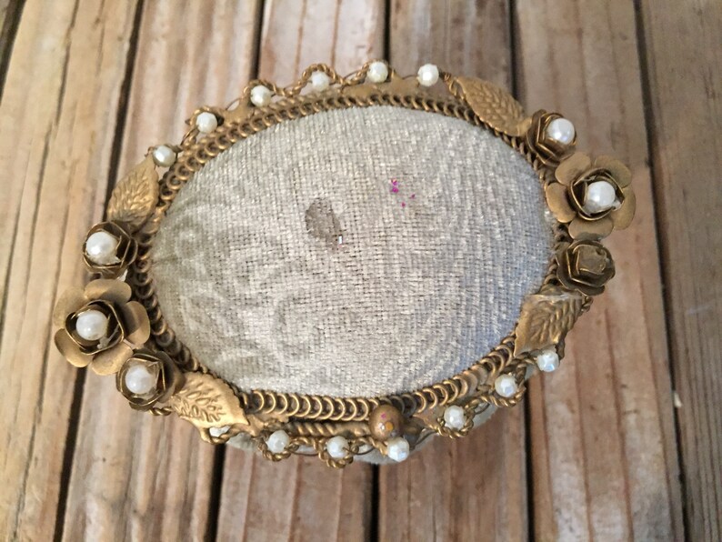 Vintage Gold Pale Green Velvet Pearl Trinket Box