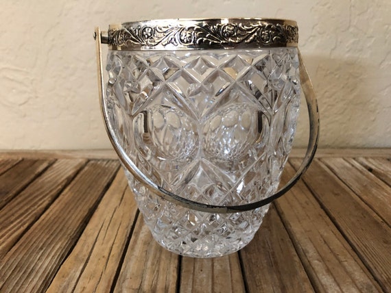 Vintage Cut Pressed Glass Crystal and Floral Metal Ice Bucket