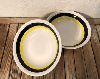 Antique Pair of 2 White  Yellow and Black Japanese Ironstone Bowls