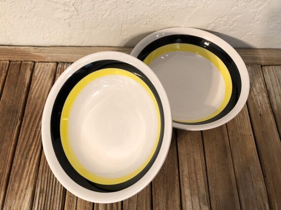 Antique Pair of 2 White  Yellow and Black Japanese Ironstone Bowls