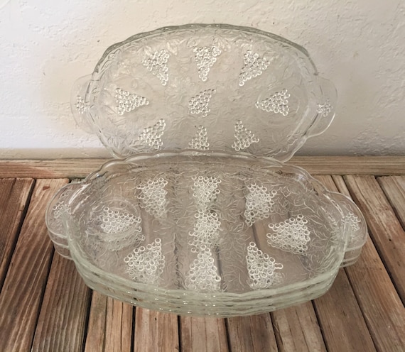 Depression Era Set of Glass Snack Plates Grape and Leaf Pattern